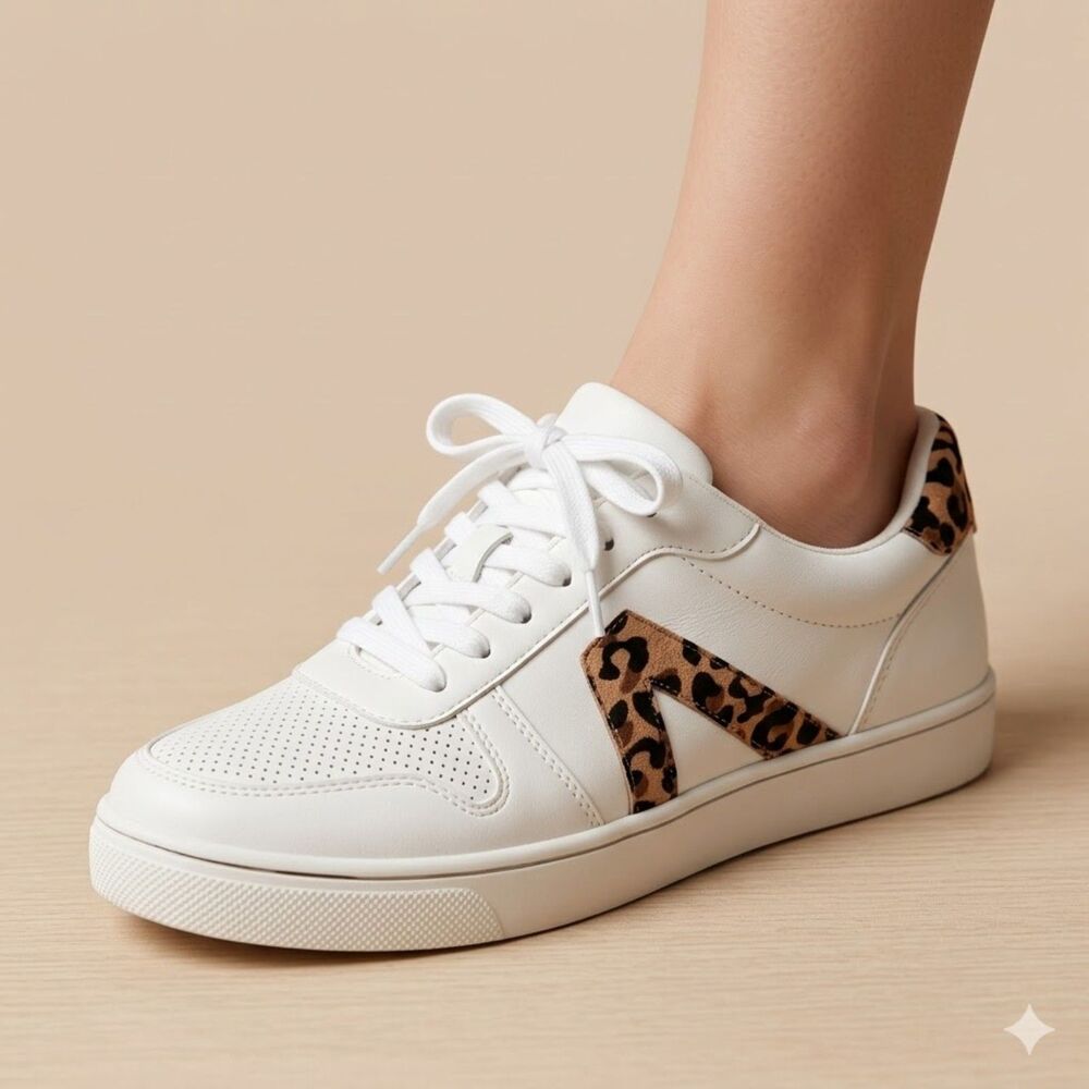 MIA Alisa NEW White Leopard Print Accent Skate Athleisure Sneakers SZ 8.5